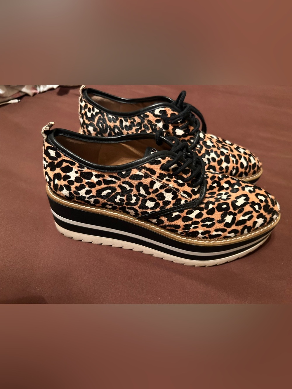Giani Bini calf-hair leopard print, black/white stacked sole sz9 slaede oxford